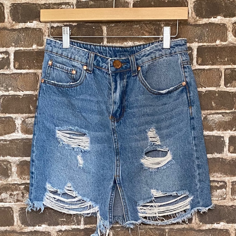 Signature denim high waist denim skirt